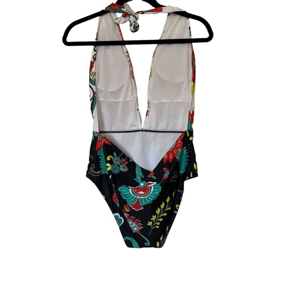 NWOT SHEIN BLACK AND WHITE FLORAL ONE PIECE SIZE XL. PLUNGE NECK LIKE, HALTER - Picture 2 of 7